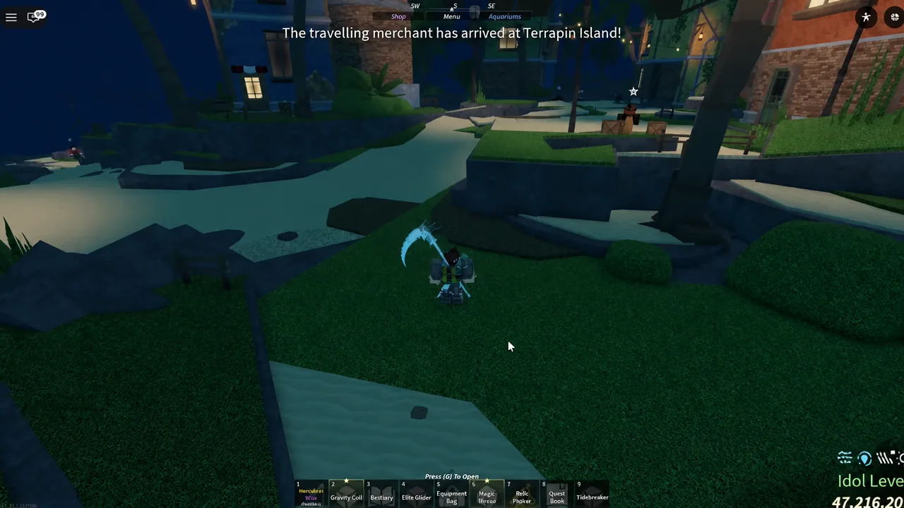 Travelling merchant arrival notification on screen during a fishing session