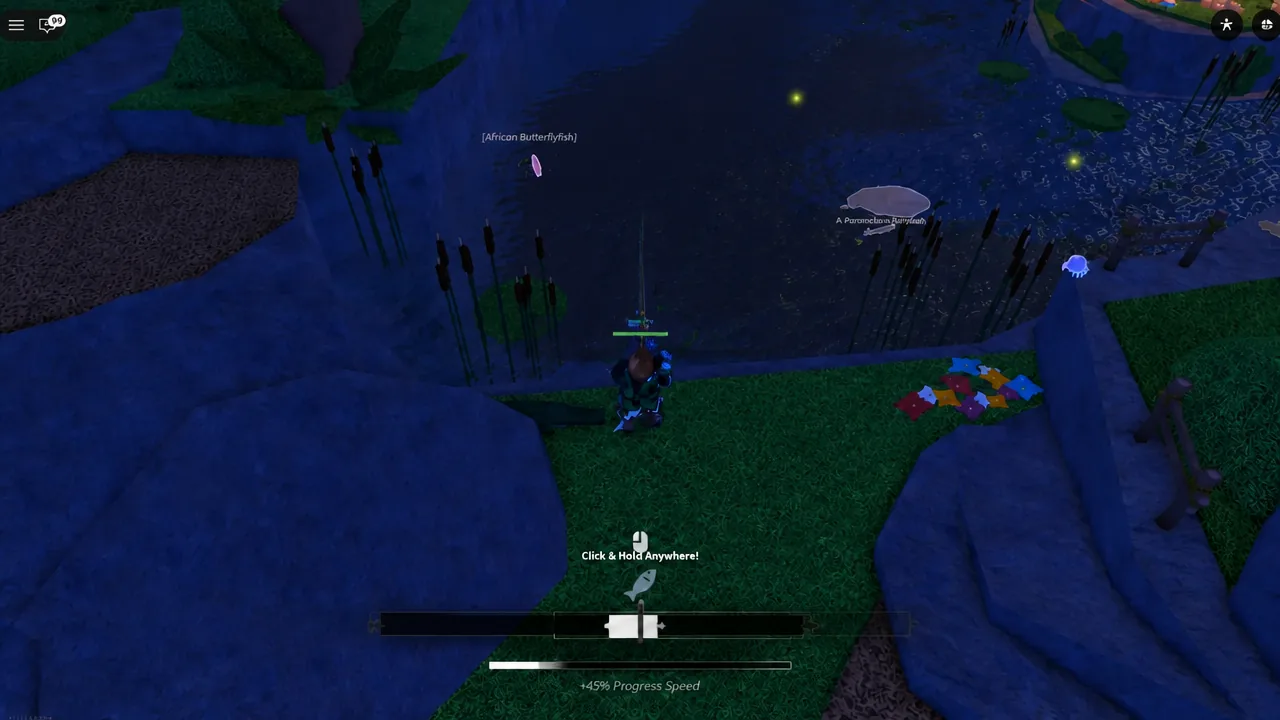 Fishing minigame showing the Click and Hold Anywhere prompt during a reel-in