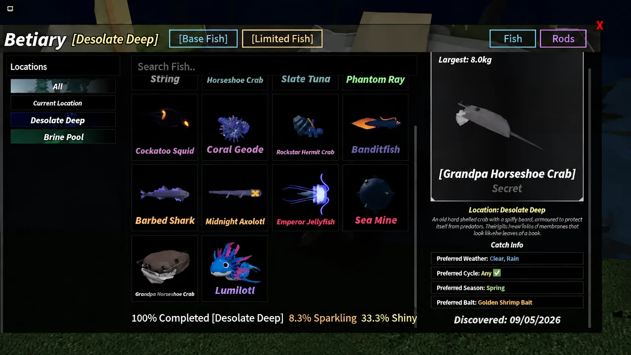Grandpa Horseshoe Crab bestiary page listing its location, weather, season, and bait