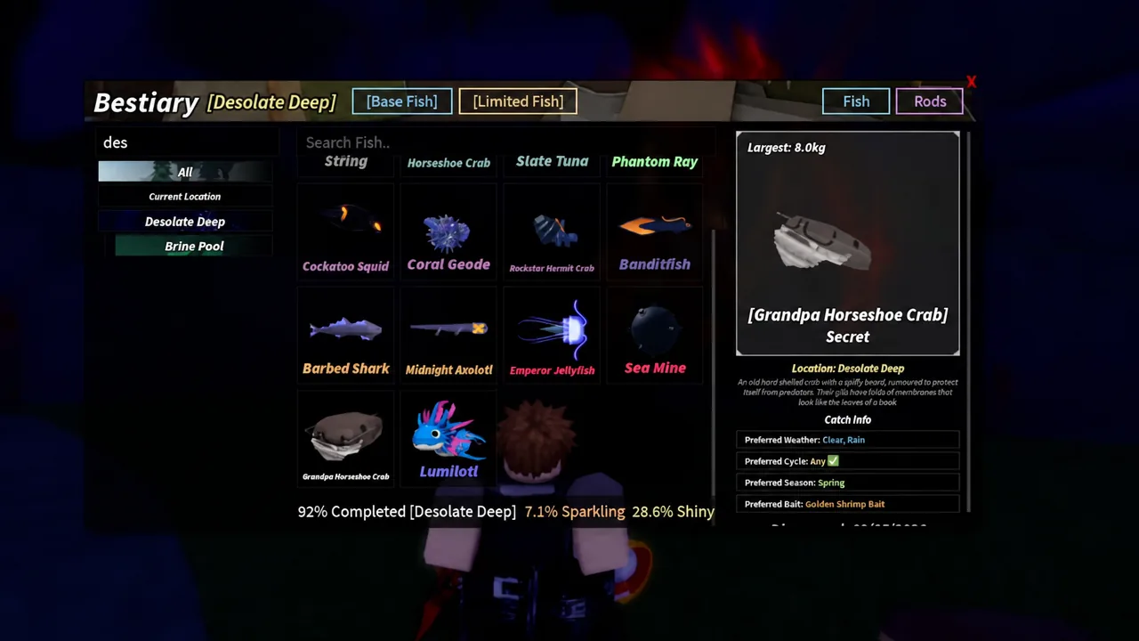Bestiary search for the Desolate Deep with the Grandpa Horseshoe Crab entry highlighted