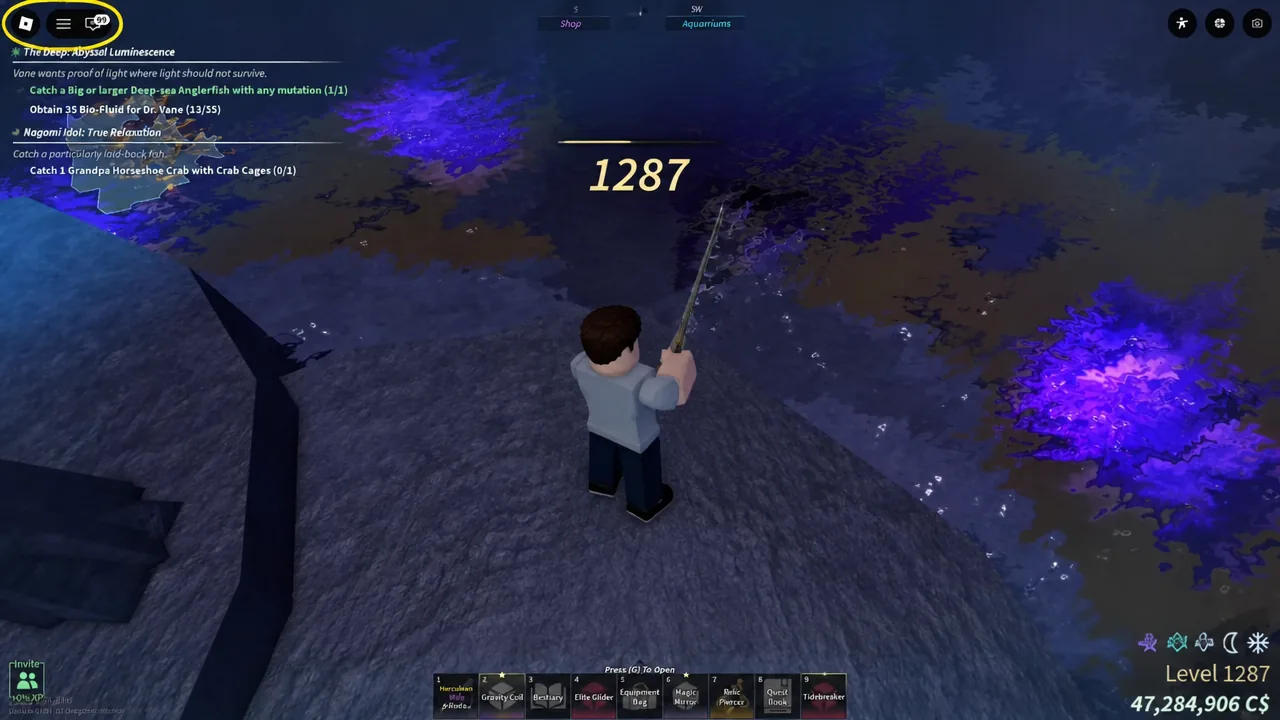 Player reeling in an anglerfish with a rod during a fishing attempt