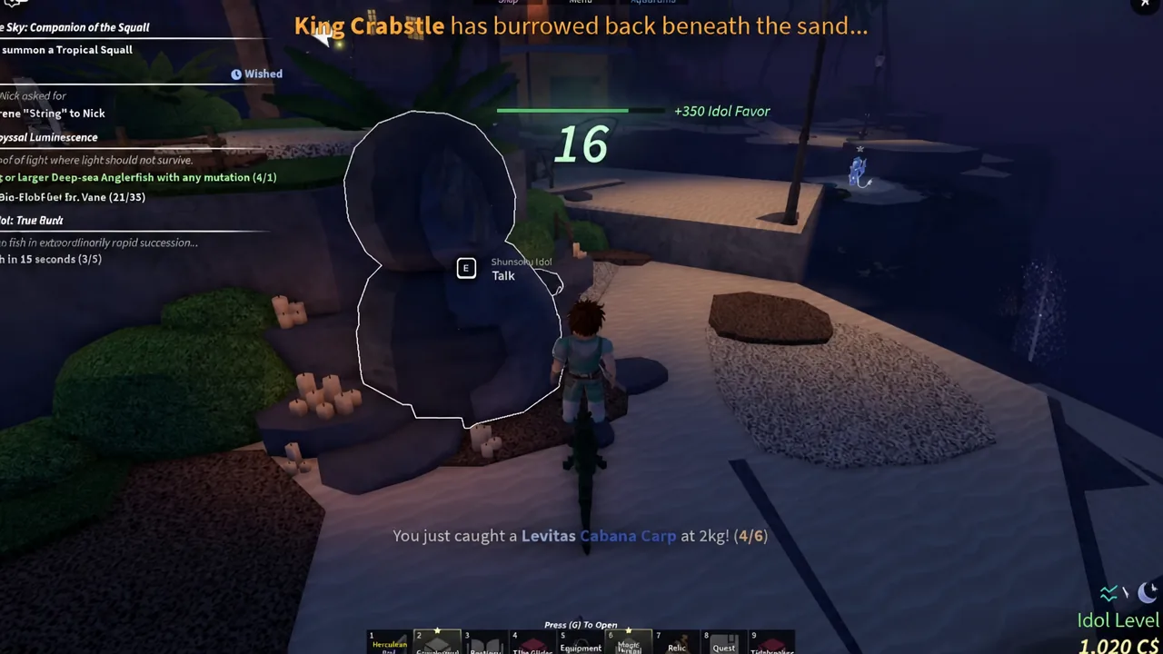 The glowing Shunsoku Idol statue in Skycrest with the E Talk prompt on screen