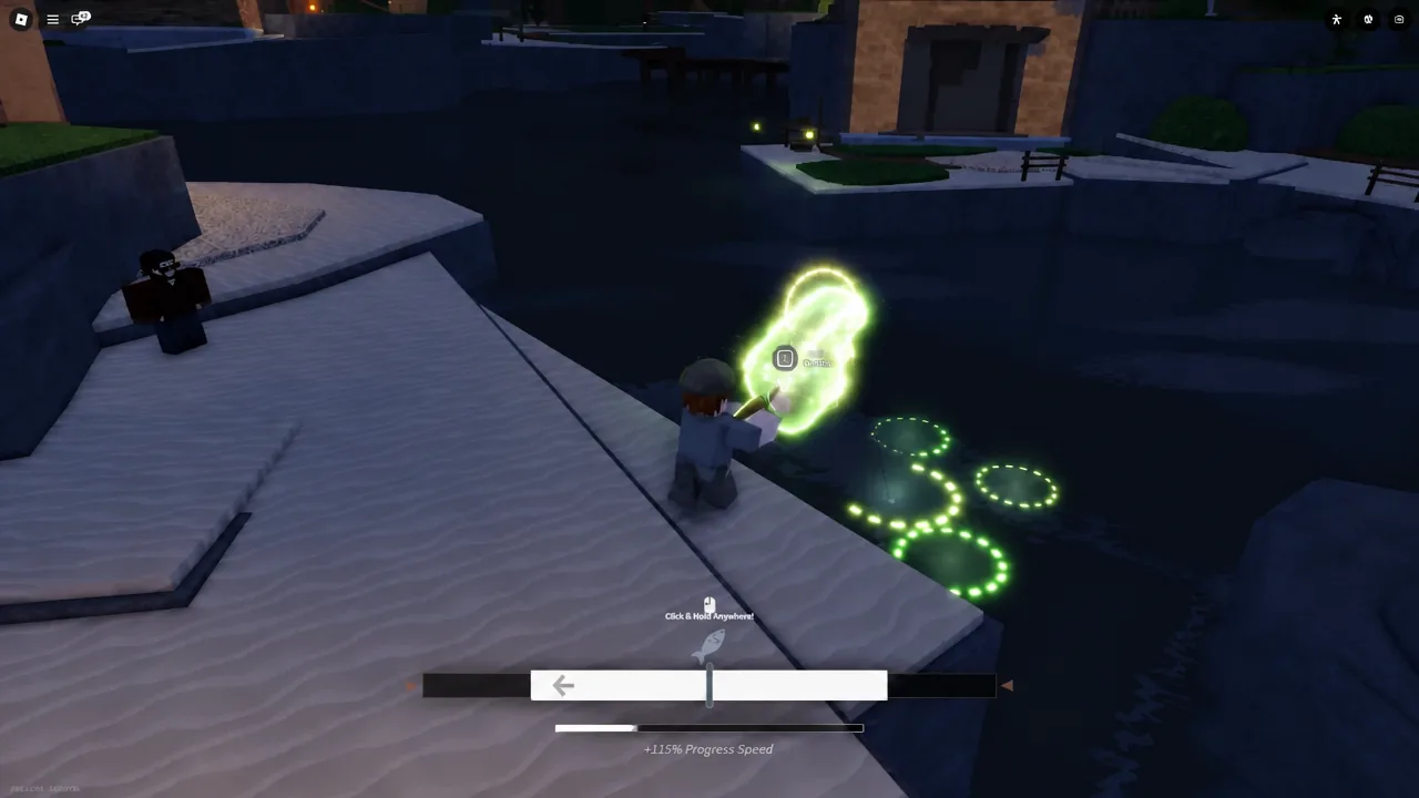 Glowing catch target with an interaction prompt while the progress bar fills during a Glitched Potion run