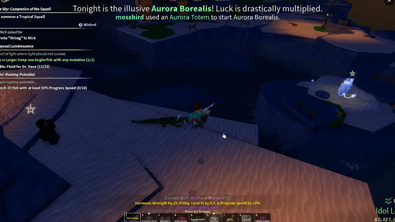 A totem being used to trigger a weather event while quest objectives are tracked on the left of the screen