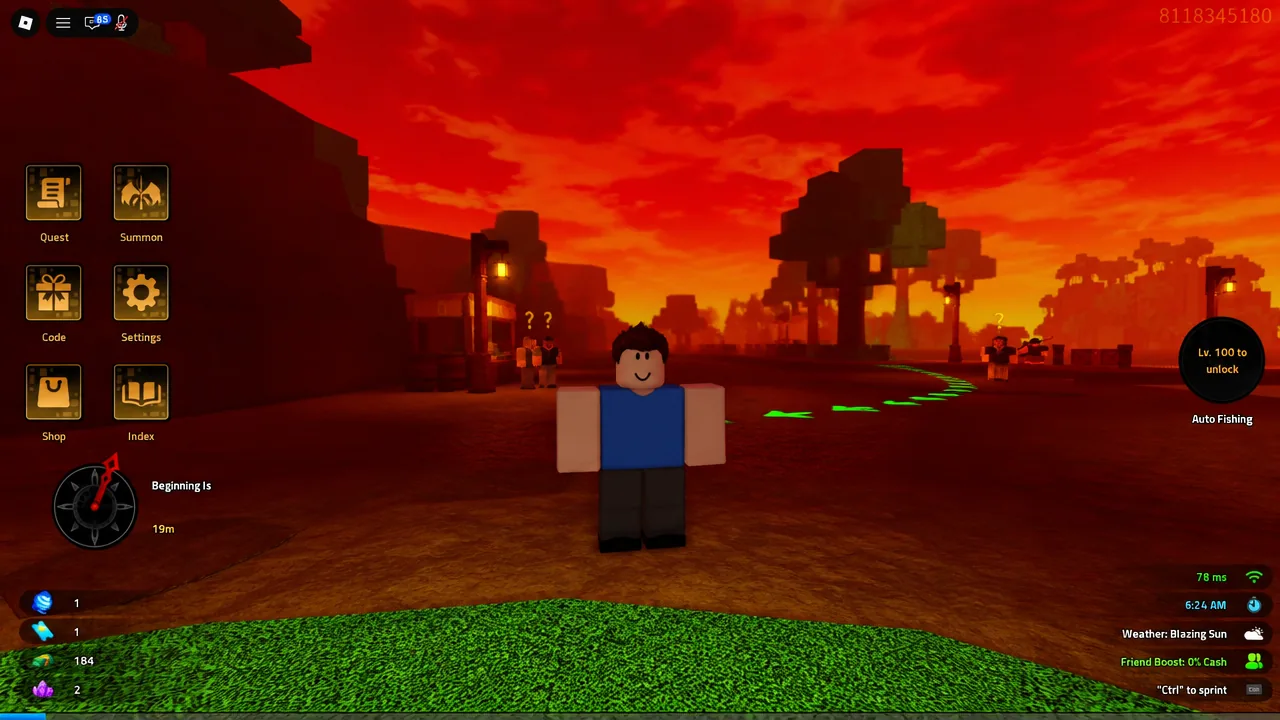Player avatar in the hub area with the Quest, Summon, Code, Settings, Shop and Index menu buttons visible