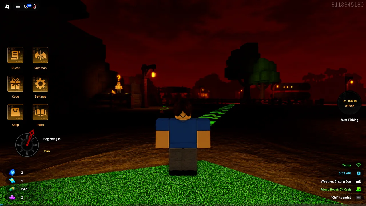 Player avatar standing on the glowing green quest path with the Quest, Summon, Shop and Index buttons on screen