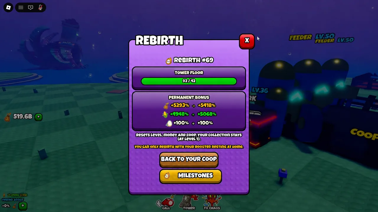 Rebirth screen showing permanent bonus percentages with a Back to Your Coop button