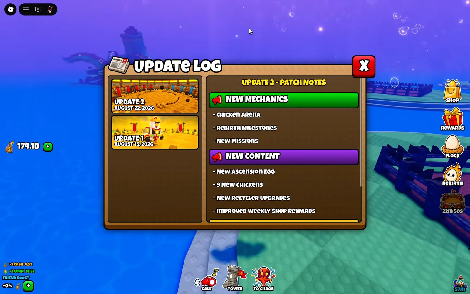 The in-game Update Log menu open on a patch notes page listing new mechanics and new content