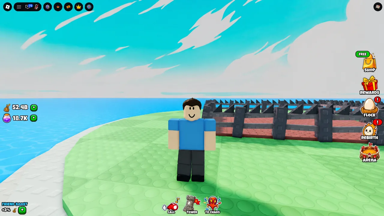 Player avatar standing on the island with Shop, Rewards, Flock, Rebirth and Arena buttons on screen