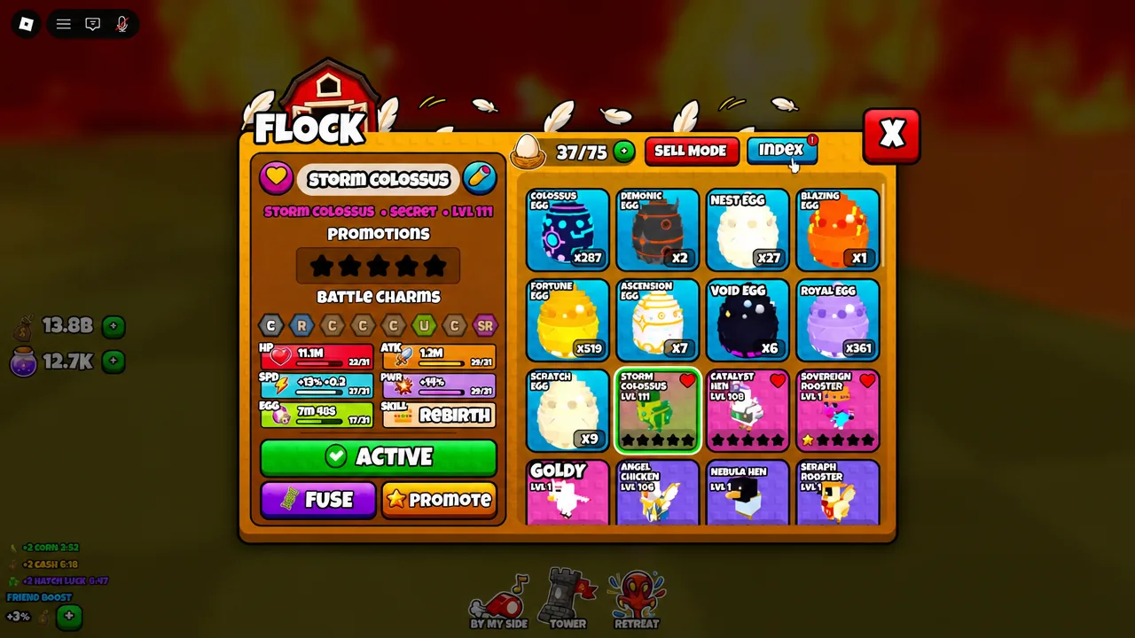 Flock screen with the Index button highlighted before opening the chicken and egg index