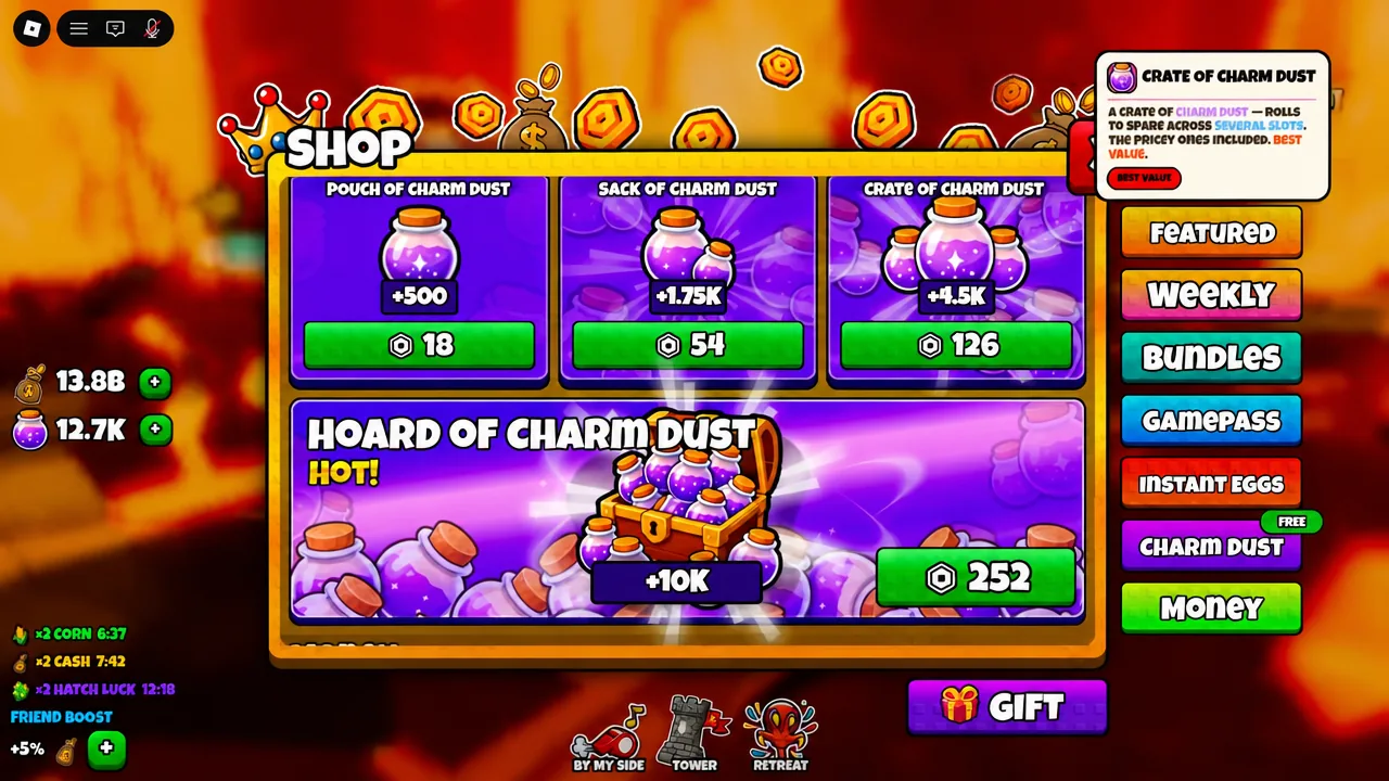 Shop screen on the Charm Dust tab with the Crate of Charm Dust description open