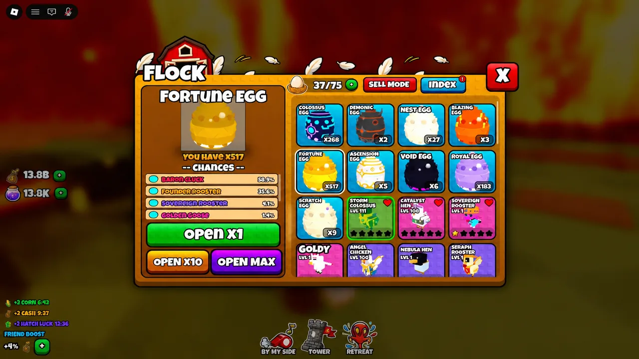 Fortune Egg hatch menu with the green Open X1 button selected