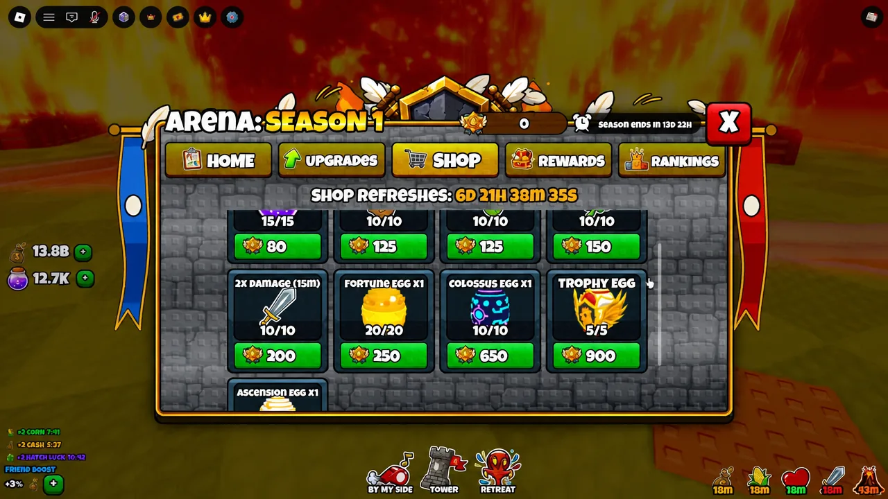 Arena Season 1 Shop tab open, showing the grid of medal-priced eggs and boosts