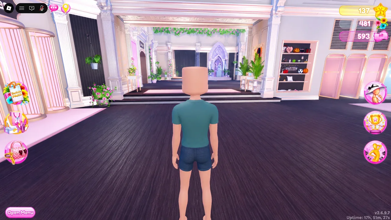 Player avatar standing in the Dress To Impress mansion lobby before starting the event checklist
