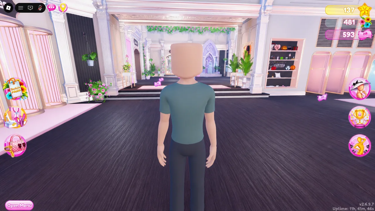 Dress To Impress lobby with the avatar standing idle and the pink Open Menu button at bottom left