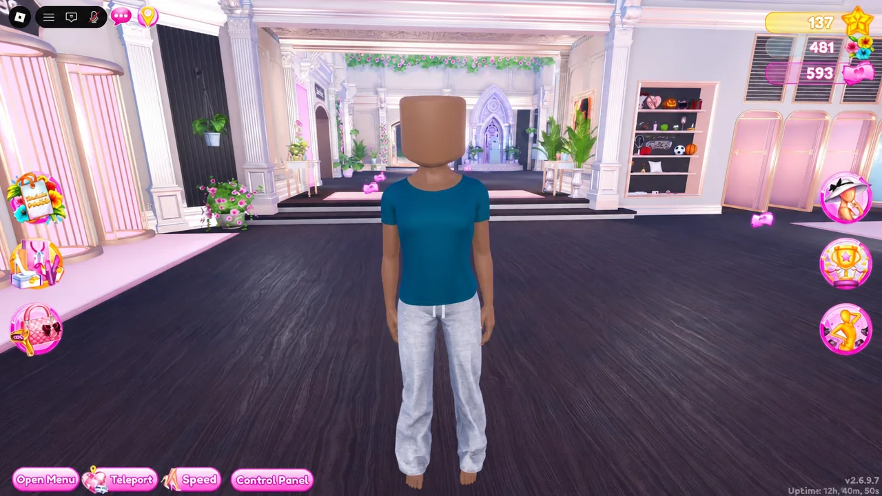 Avatar in the mansion interior with the Open Menu button available in the bottom-left corner