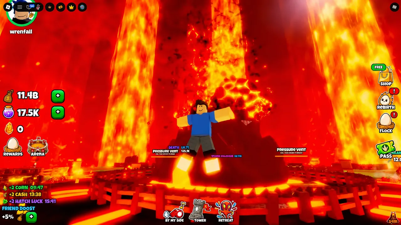 Player avatar standing in the lava arena beside a marked pressure vent