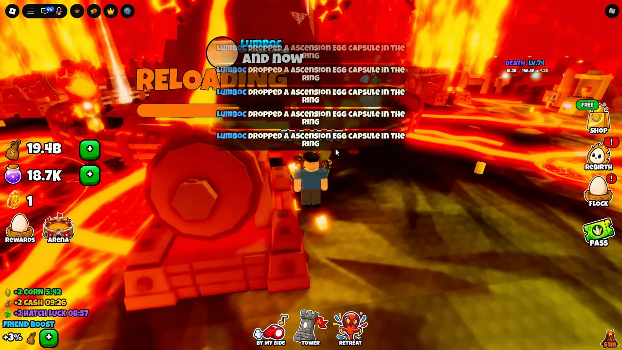 Arena screen showing a Reloading status beside the tower with egg capsule drop notifications