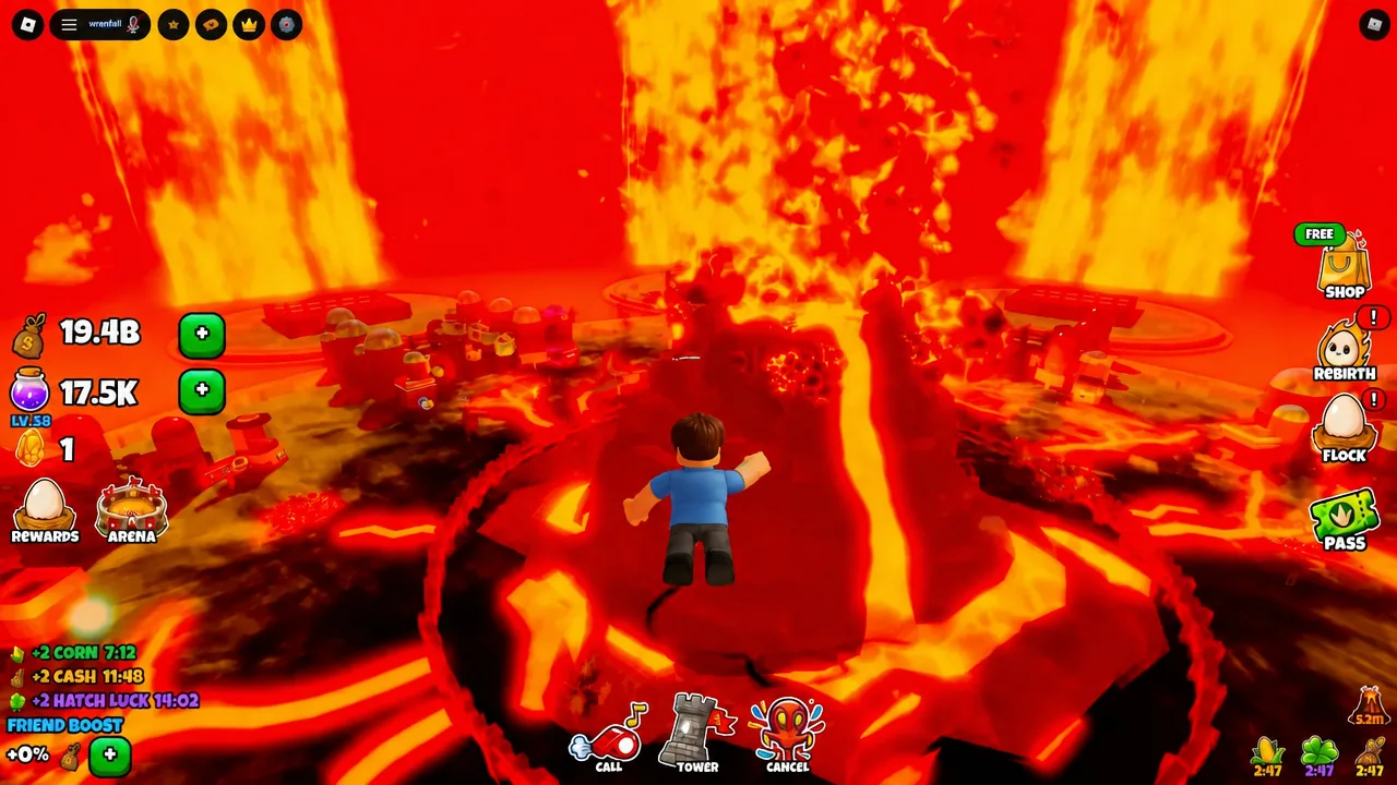 Player avatar airborne over the lava arena with the Cancel button highlighted