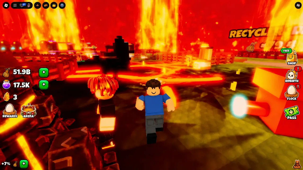 Two player avatars walking toward the recycling station on the island base