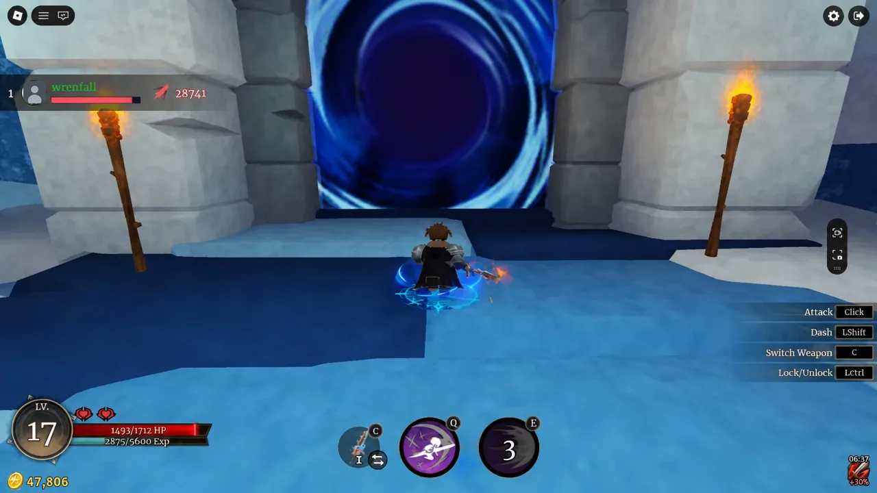 Player character running toward the large blue portal that loads the map