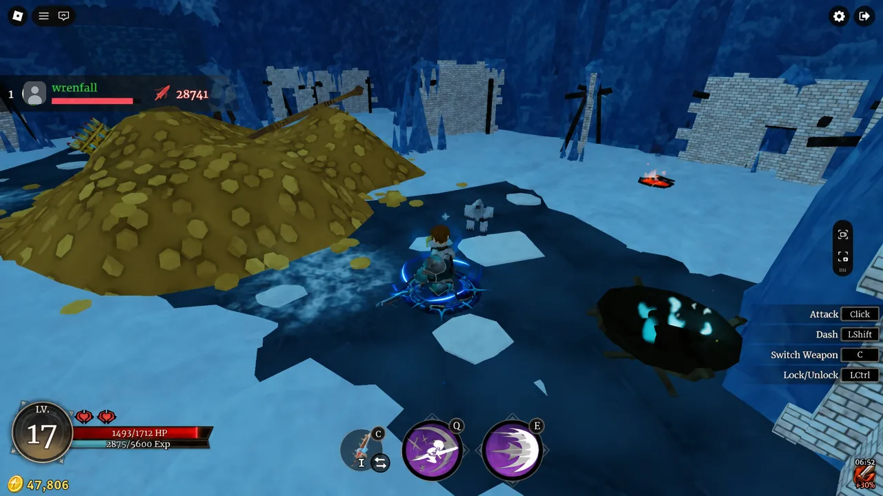 Player standing in a glowing blue circle beside a small enemy with the combat HUD visible