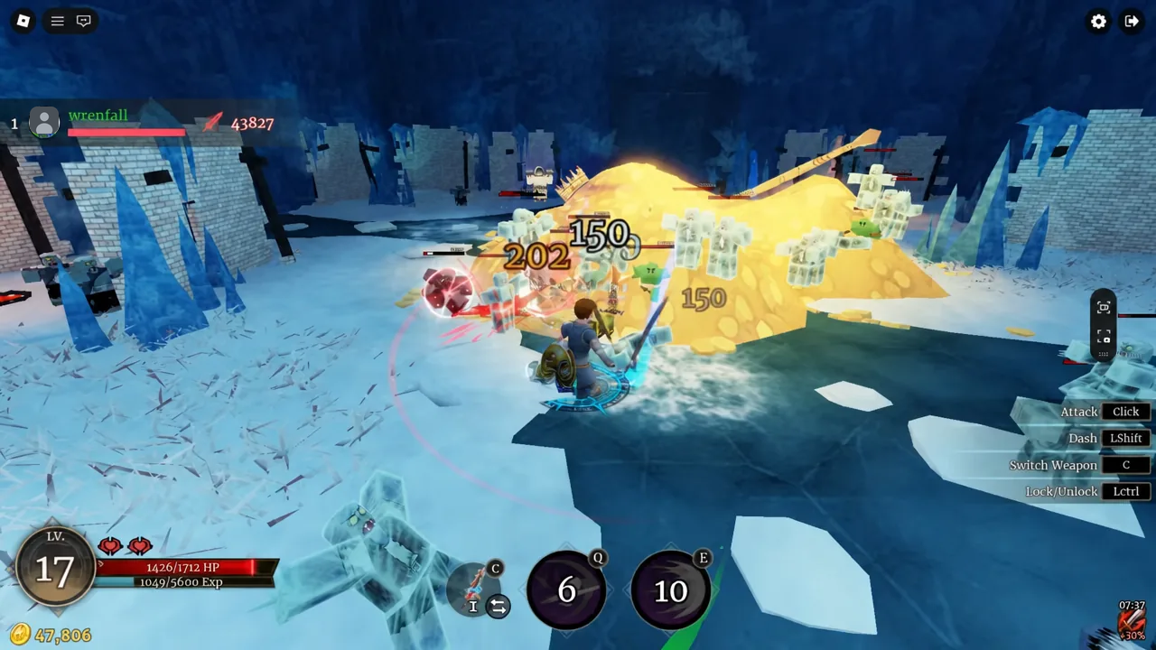 Player attacking a large golden dragon boss as damage numbers appear on screen