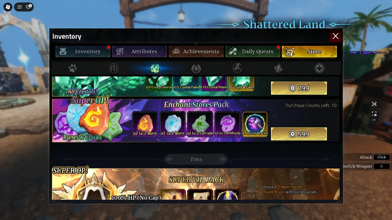 Inventory Store tab showing Crystal and Runes and Cracks packs available for purchase