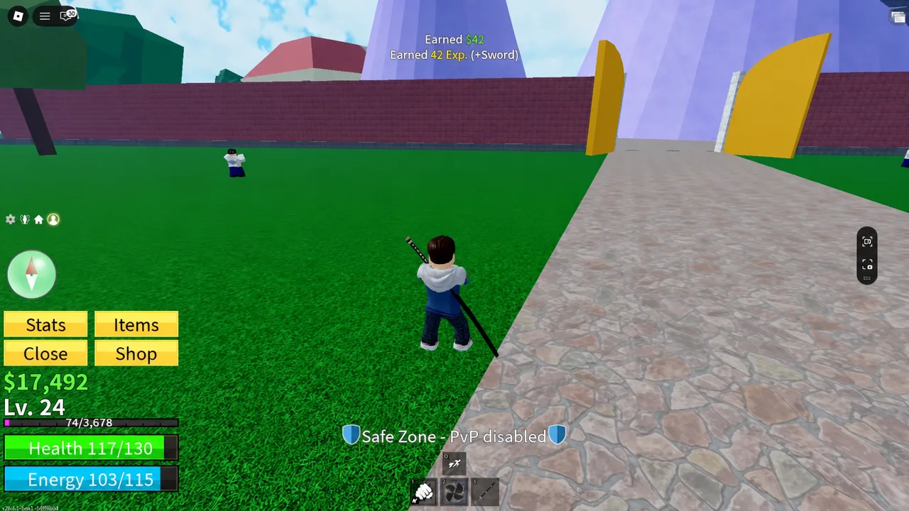 Player standing in a Safe Zone with the updated Stats, Items, Close, and Shop buttons on screen