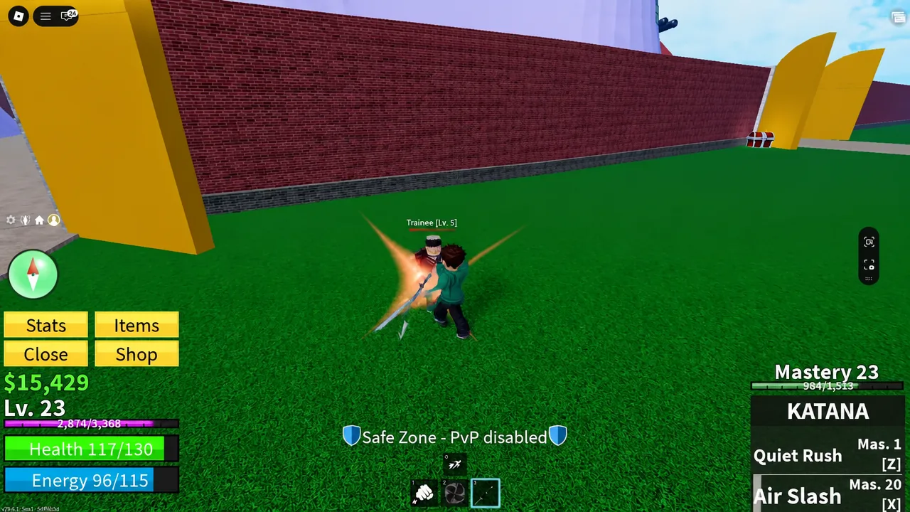 Player attacking a Trainee Lv. 5 enemy near a Safe Zone with a Katana equipped