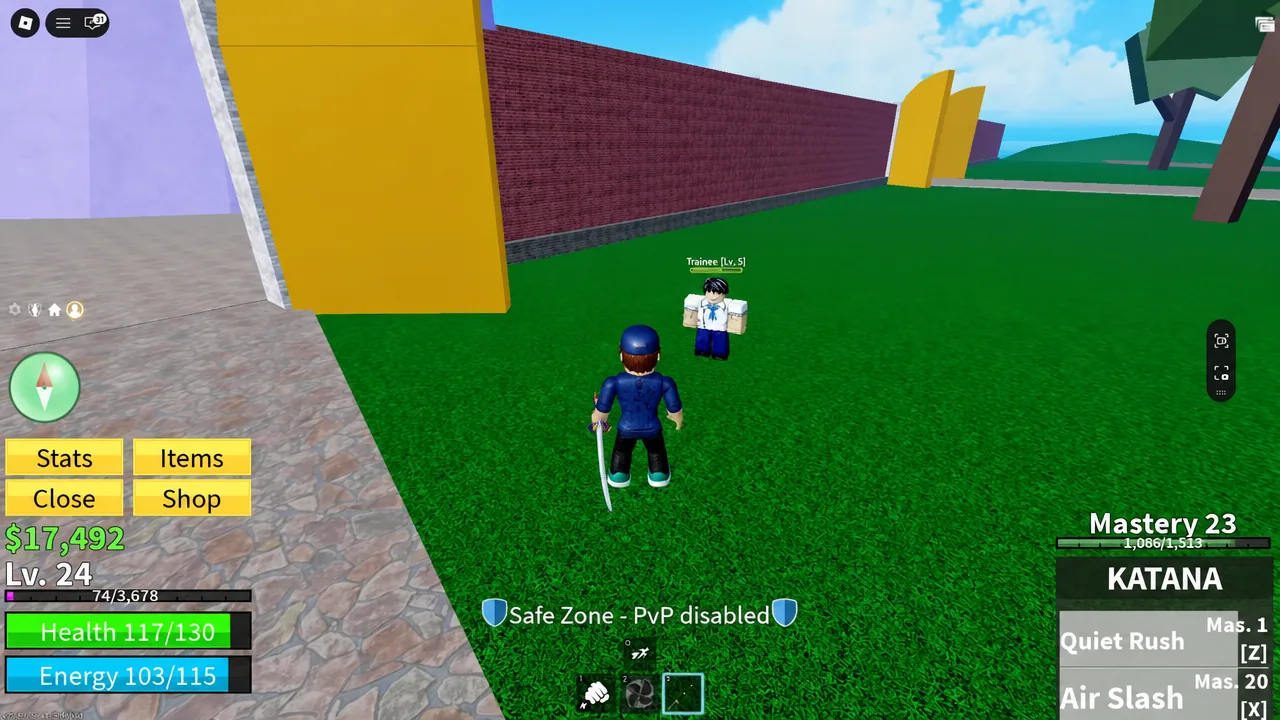 Player with a Katana drawn facing a Trainee Lv. 5 NPC inside the Safe Zone