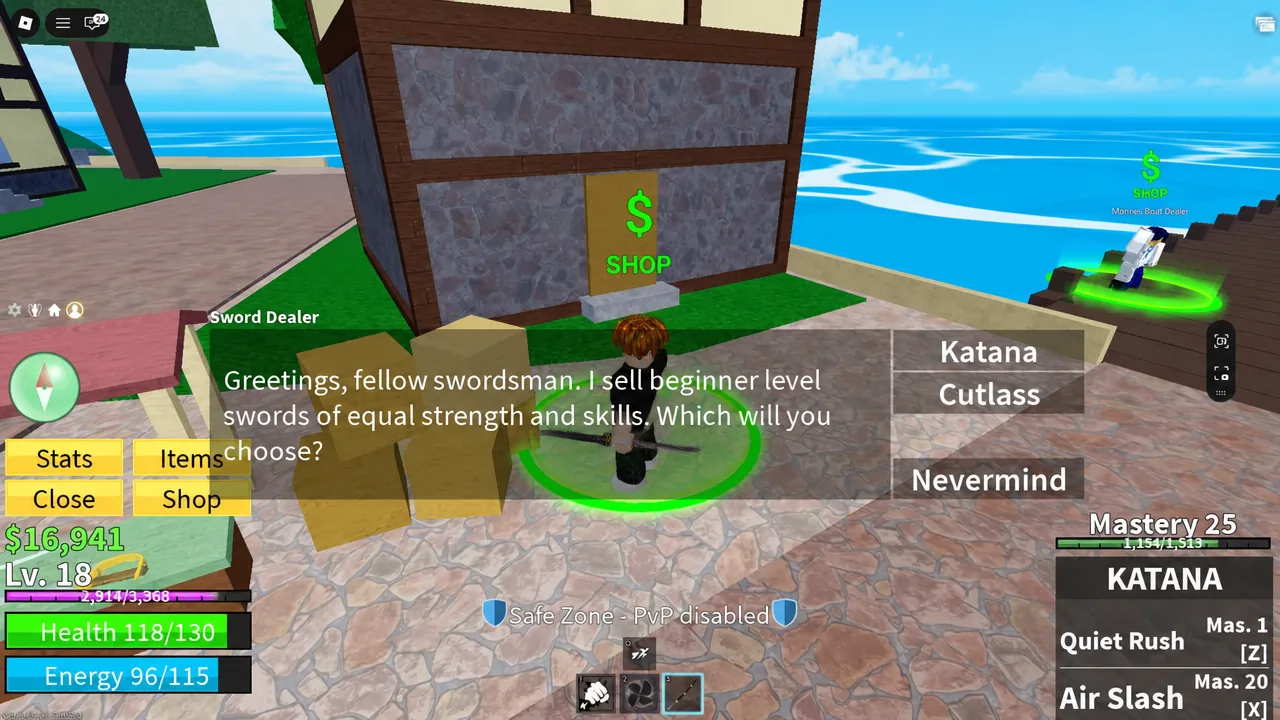 Sword Dealer shop menu offering Katana, Cutlass, and Nevermind options