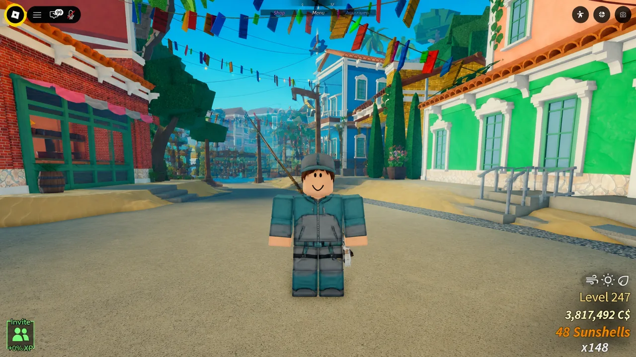 Fisch player standing in town before heading out to sacrifice fish during a Tropical Squall