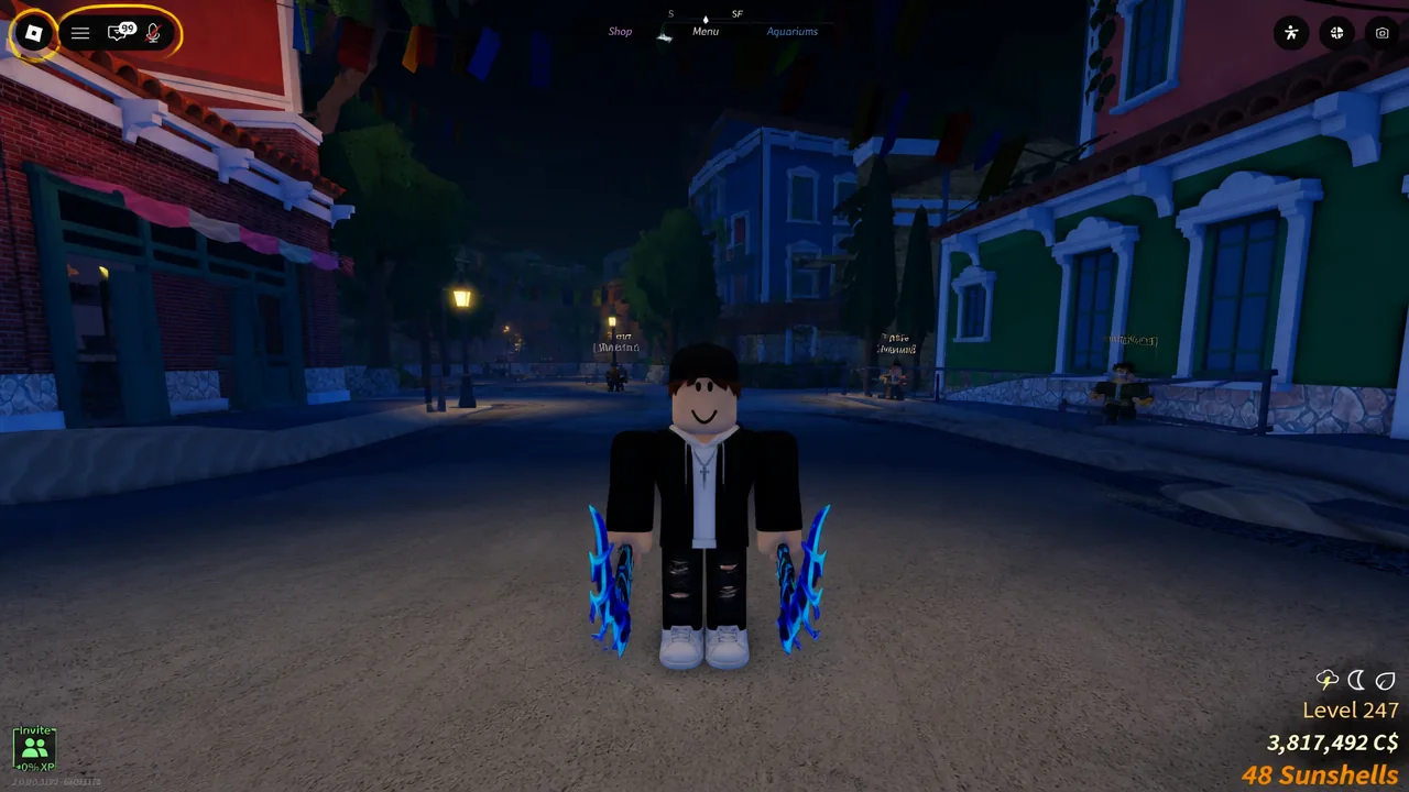 Nighttime in Fisch, the only time the four roaming firefly variants appear