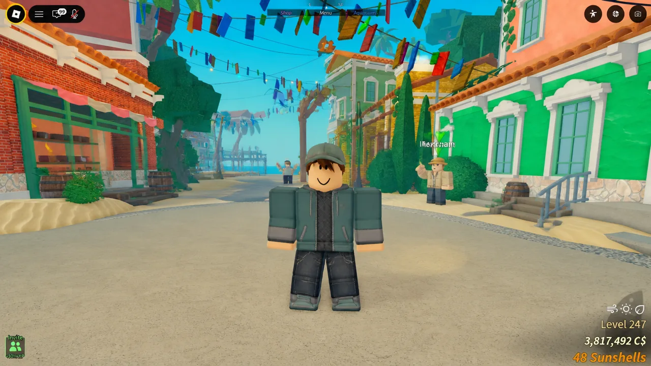 Fisch HUD and top navigation bar in a seaside town, where update codes are redeemed