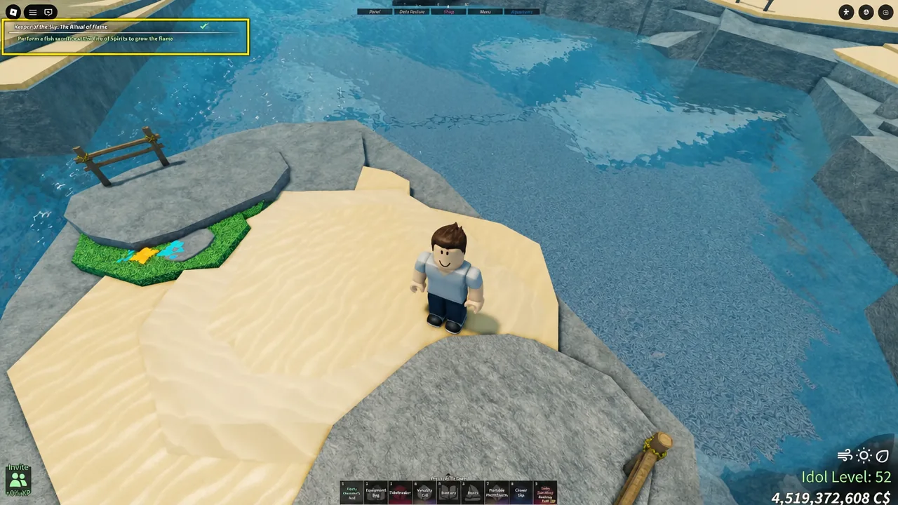 Quest tracker showing the Keeper of the Sky quest The Arrival of Flame with a fishing objective