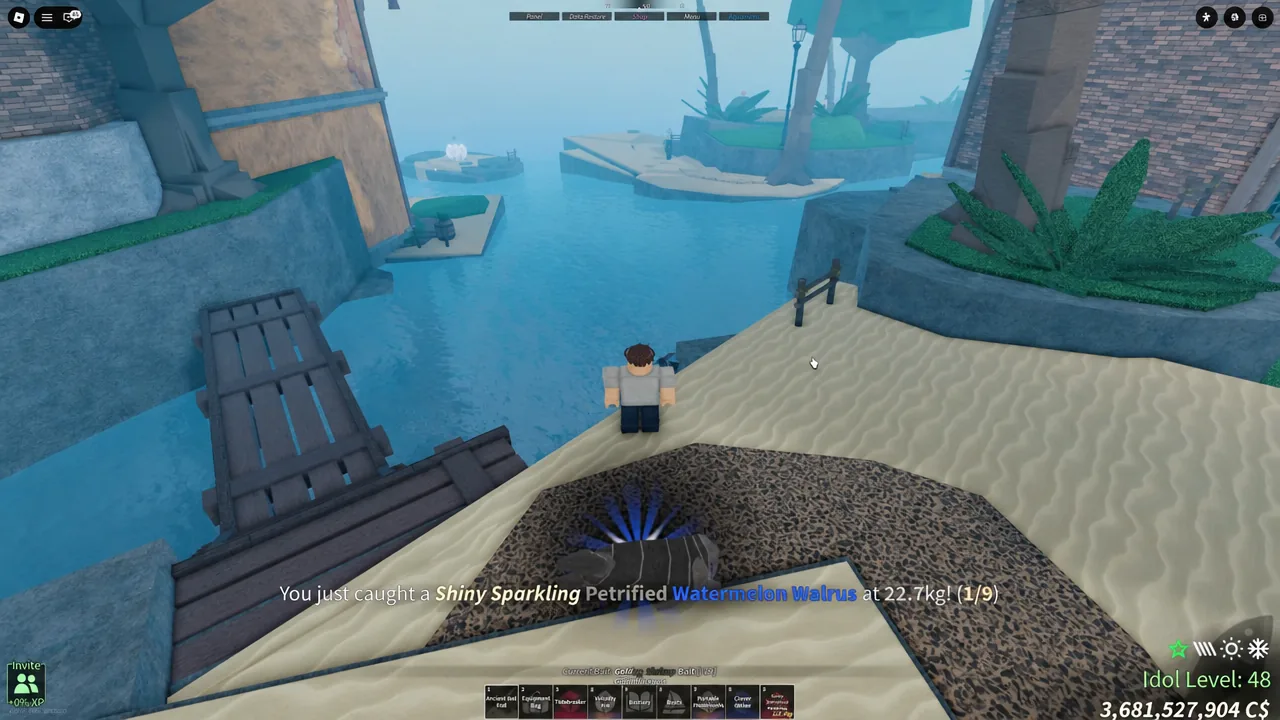 Catch notification for a Shiny Sparkling Petrified Watermelon Walrus while fishing at Skycrest
