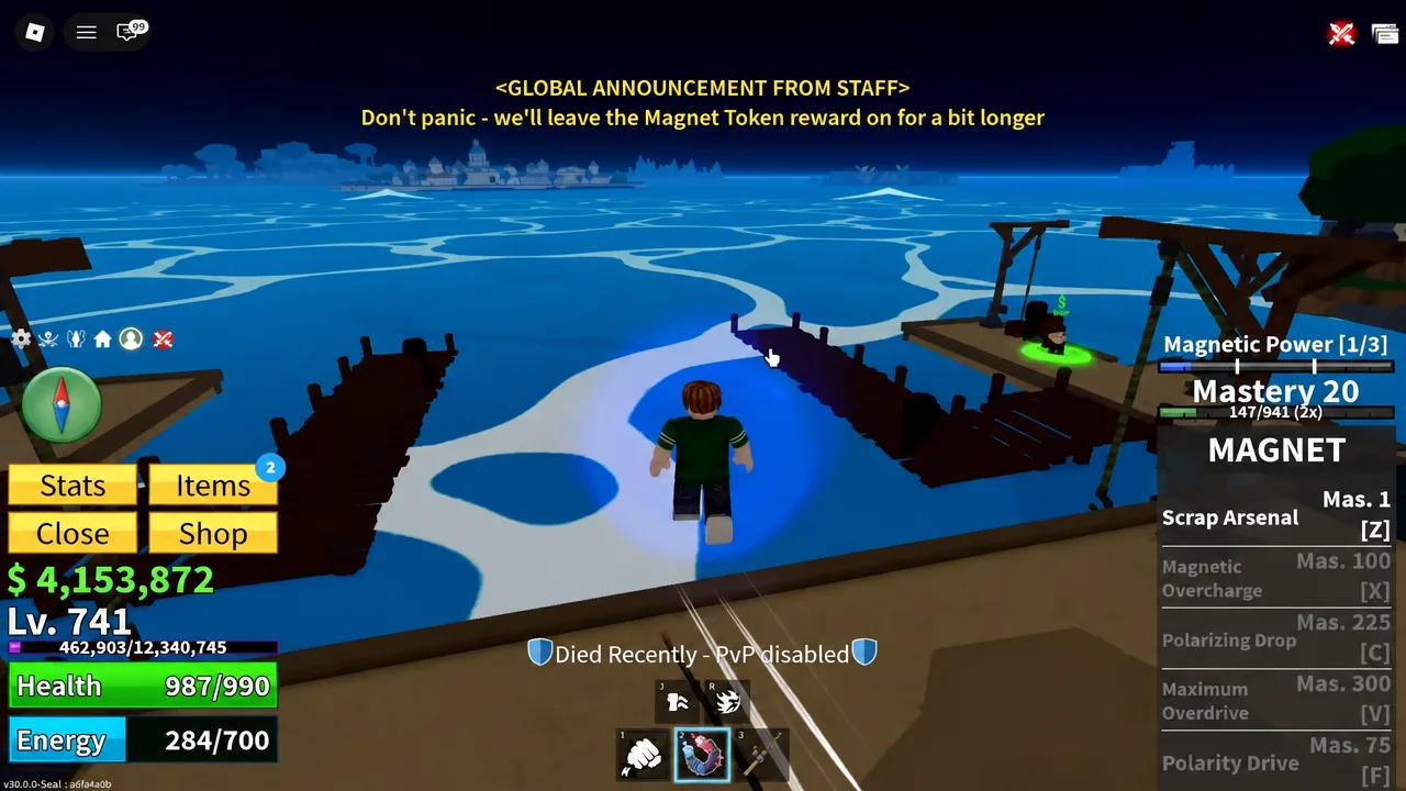The Magnet ability panel during a fight with the fruit's abilities in use