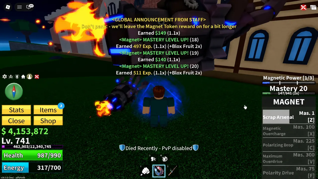 Scrap Arsenal [Z] highlighted on the Magnet ability panel as the attack fires