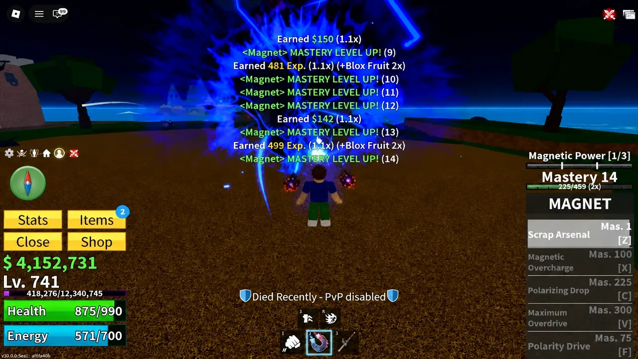 Magnet mastery increasing on the ability panel while fighting nearby enemies