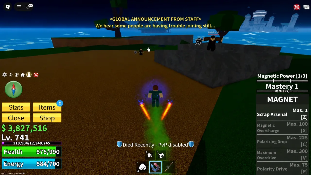 Magnet ability panel open with the Magnet hotbar slot selected in Blox Fruits