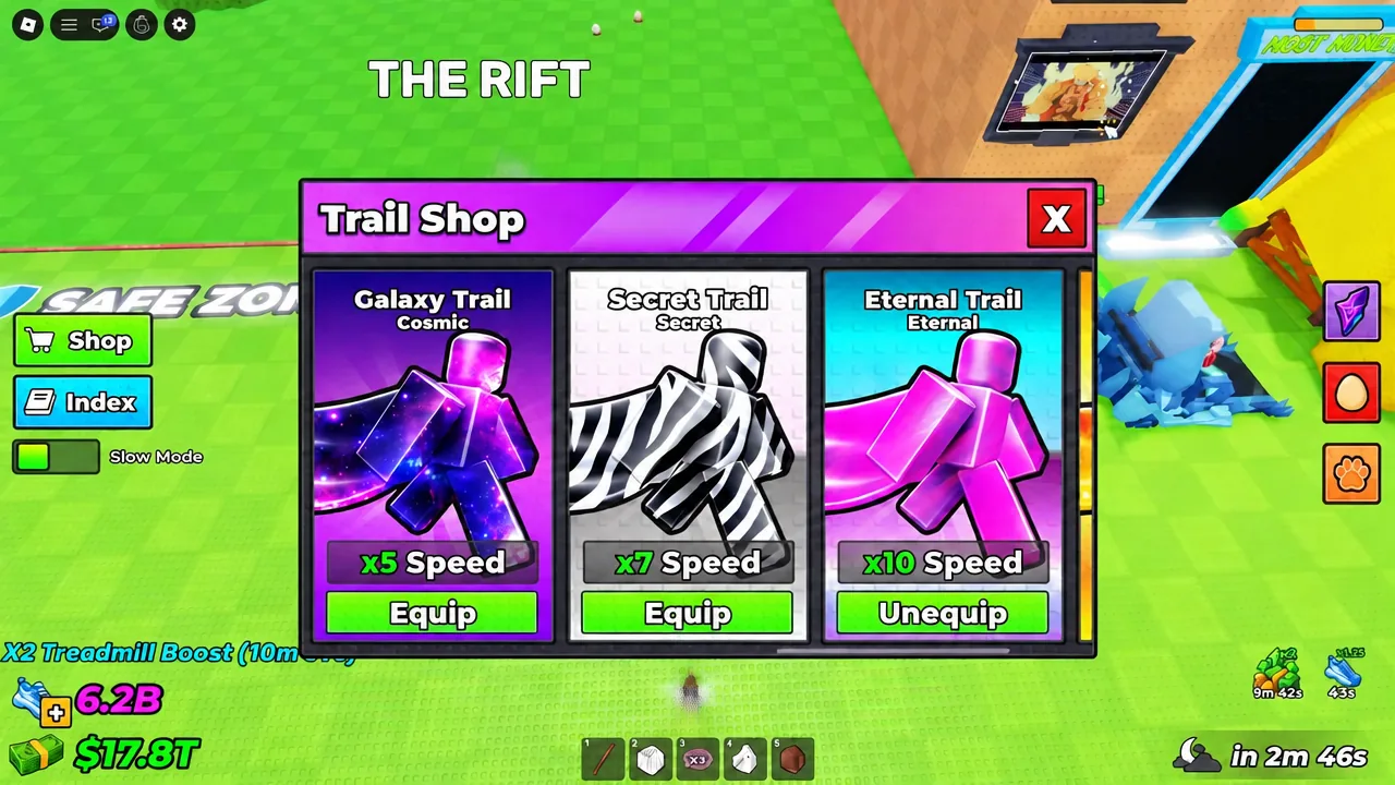 Trail Shop menu with the Eternal Trail showing an Unequip button, marking it as the active trail
