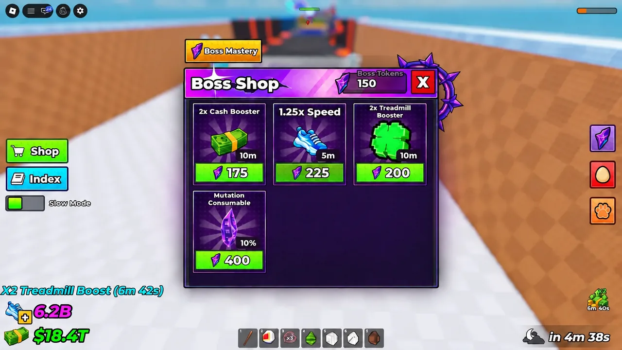 Boss Shop menu inside The Rift showing the 2x Cash Booster priced in Boss Tokens