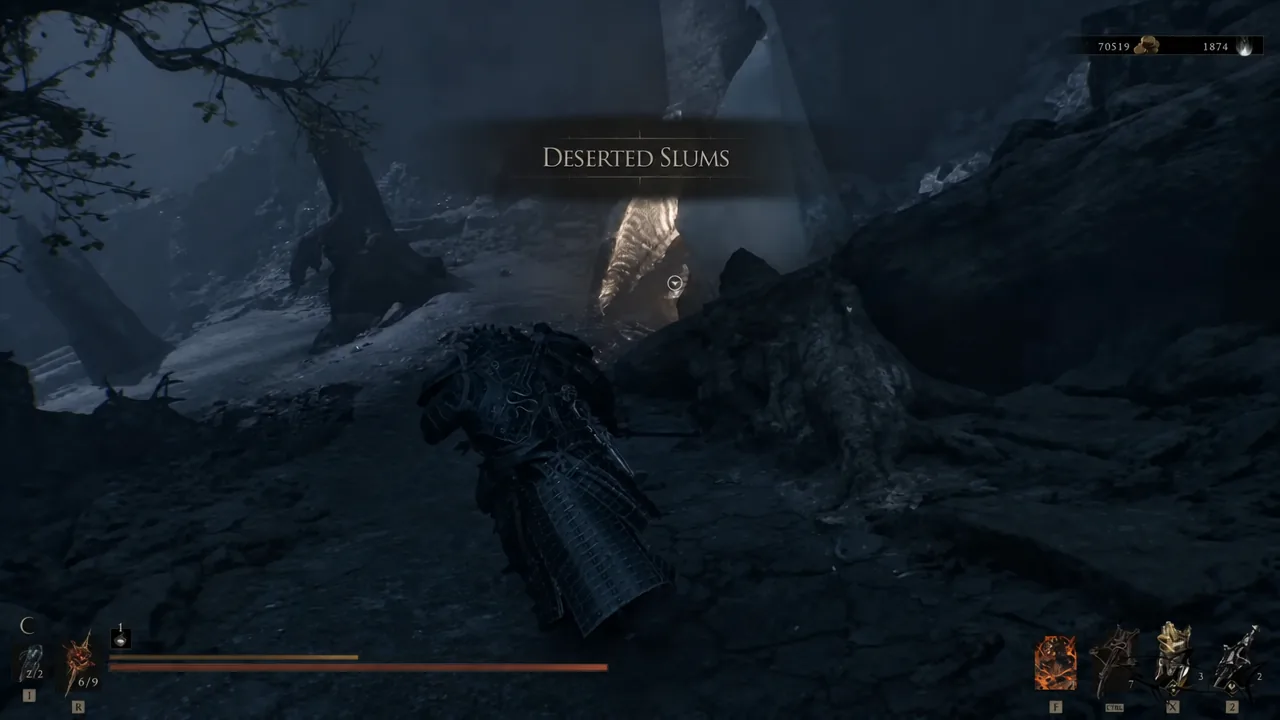 Deserted Slums area title appearing over a glowing entrance with an interaction prompt