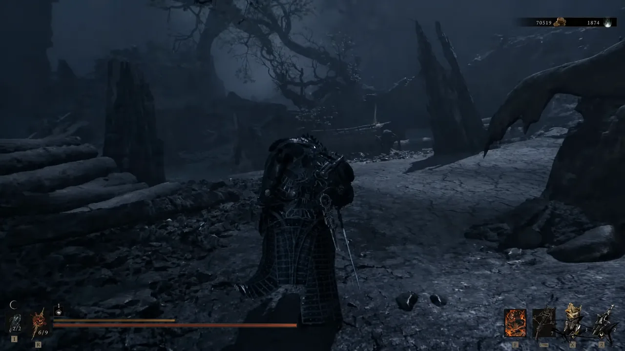 Player moving through a dark snow-covered ruin on the way to the Abandoned Outpost