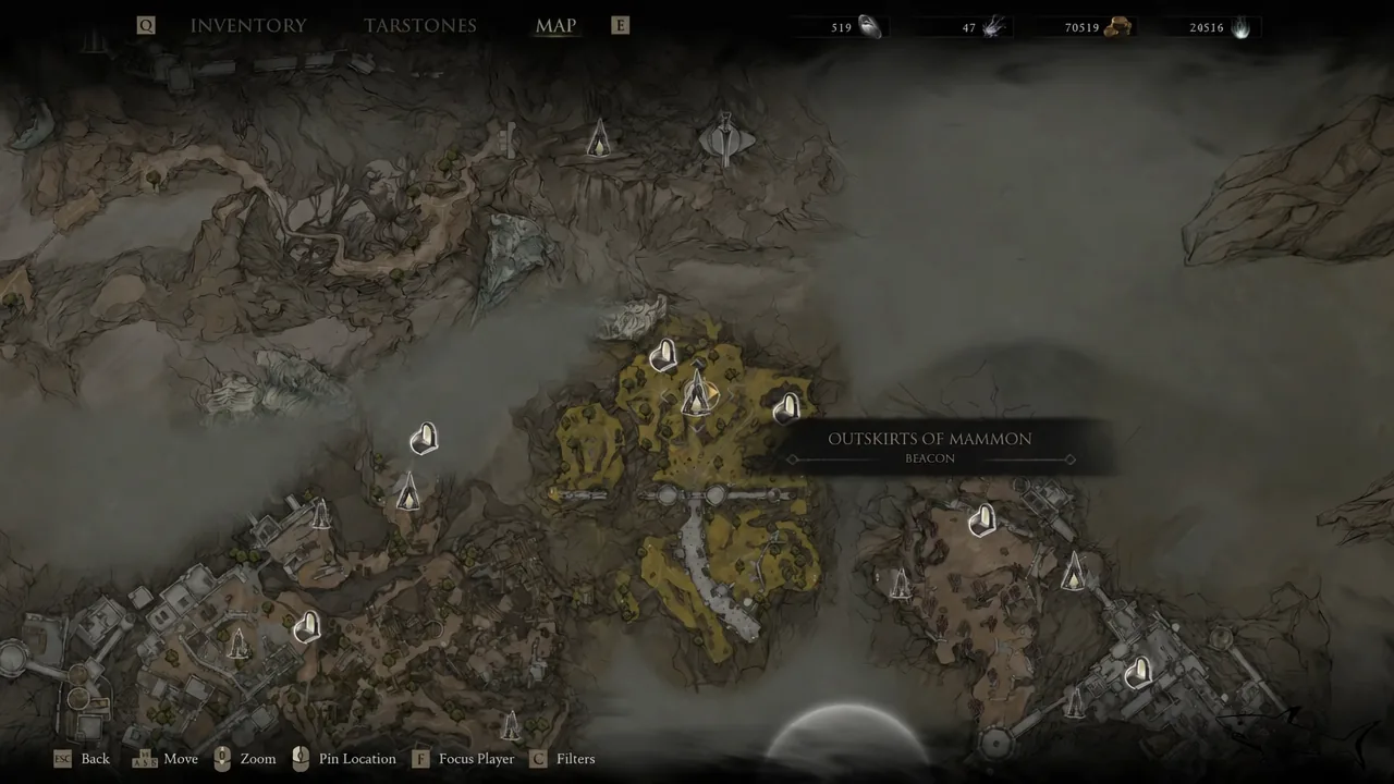 World map with the Outskirts of Mammon beacon selected for fast travel