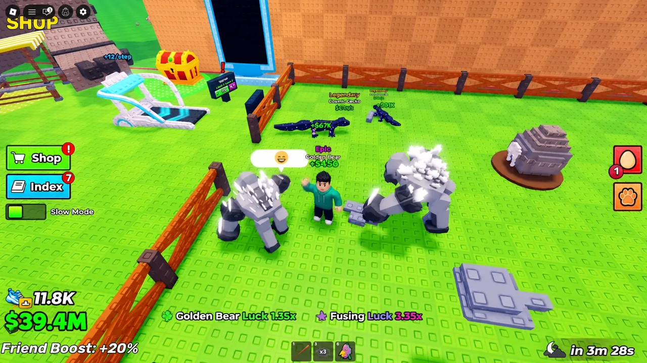 Player checking pets inside the fenced base area with the Shop button on screen