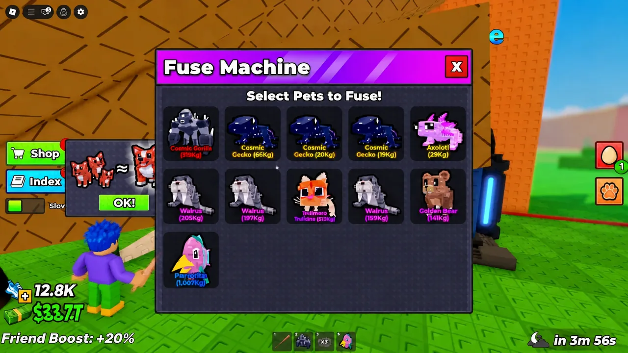 Pet selection list open on the Fuse Machine screen with the OK button ready to confirm