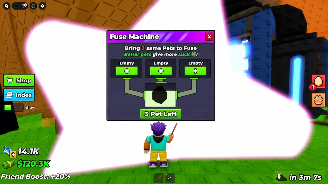 Empty Fuse Machine menu with three green plus buttons for adding pets