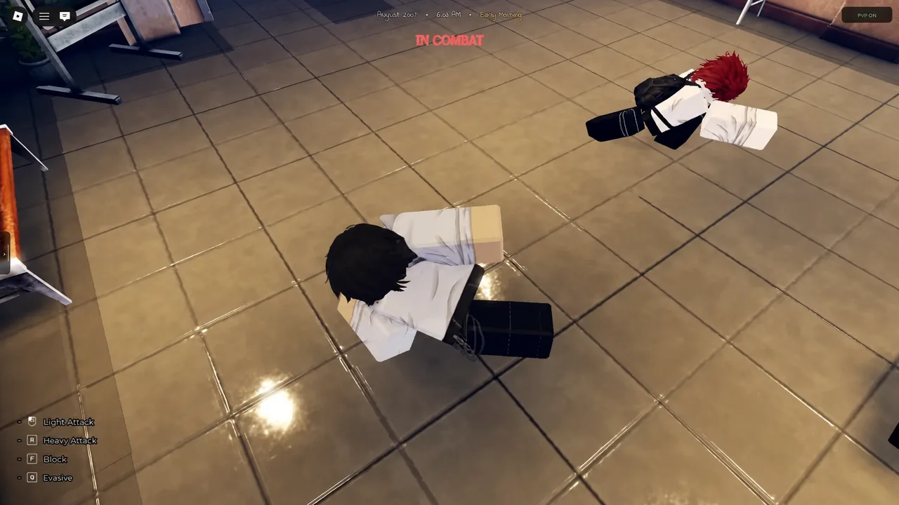 Gakuran IN COMBAT interface showing Light Attack, Heavy Attack, Block and Evasive buttons mid-fight
